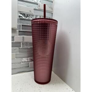 Starbucks Venti Dusty Rose Pink Shimmer Grid Tumbler 24oz Cold Cup 2022 Berry